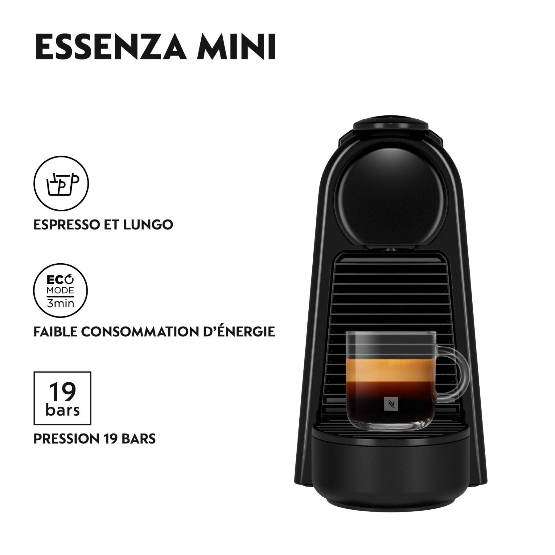Machine à Café Essenza Mini Noir, 19 Bars,Expresso et Lungo, Arrêt Automatique, EN85.B, Noir